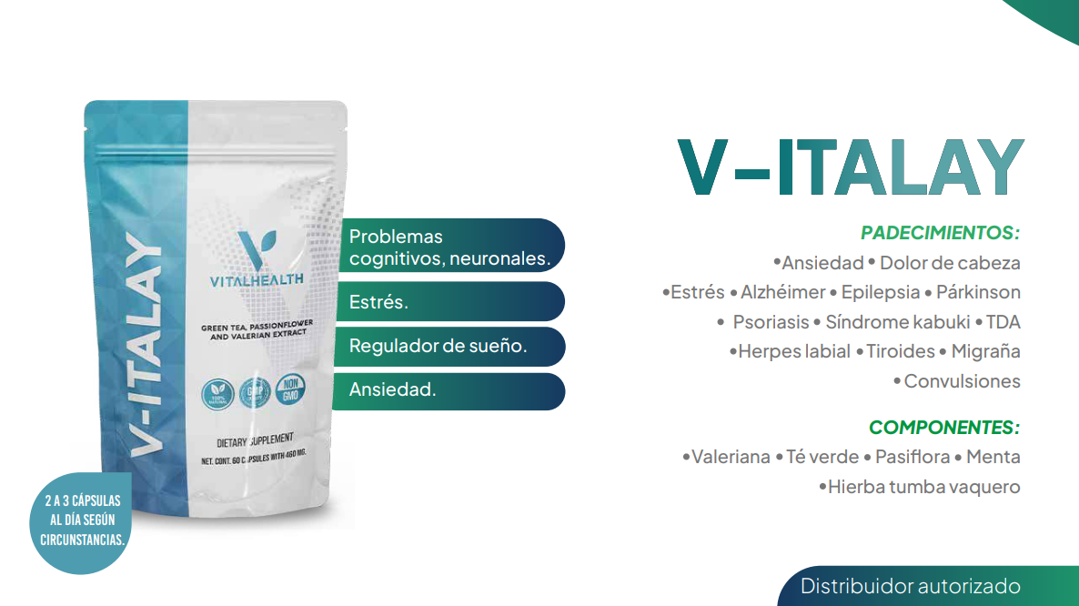 V-ITALAY 60 CAPS Vital Health propiedades antioxidantes con efectos relajantes, ideales para apoyar tu salud mental y emocional.