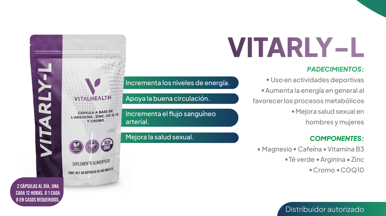 VITARLY-L VITAL HEALTH 60 CAPS C/ con cafeína, té verde, L-Arginina y magnesio