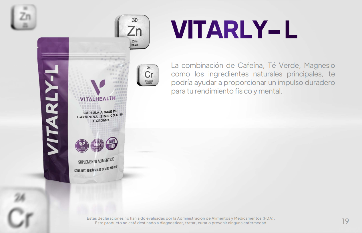 VITARLY-L VITAL HEALTH 60 CAPS C/ con cafeína, té verde, L-Arginina y magnesio