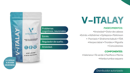 V-ITALAY 60 CAPS Vital Health propiedades antioxidantes con efectos relajantes, ideales para apoyar tu salud mental y emocional.