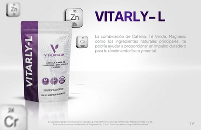 VITARLY-L VITAL HEALTH 60 CAPS C/  con cafeína, té verde, L-Arginina y magnesio