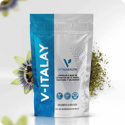V-ITALAY 60 CAPS Vital Health propiedades antioxidantes con efectos relajantes, ideales para apoyar tu salud mental y emocional.